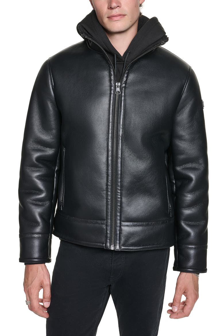 Faux Shearling Lined Faux Leather Jacket, Main, color, BLACK