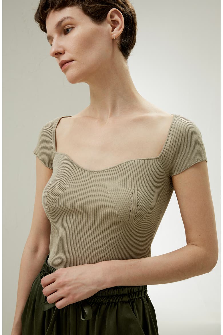Women's Sweetheart Neck Ribbed Silk Knit Top, Alternate, color, Light Apricot