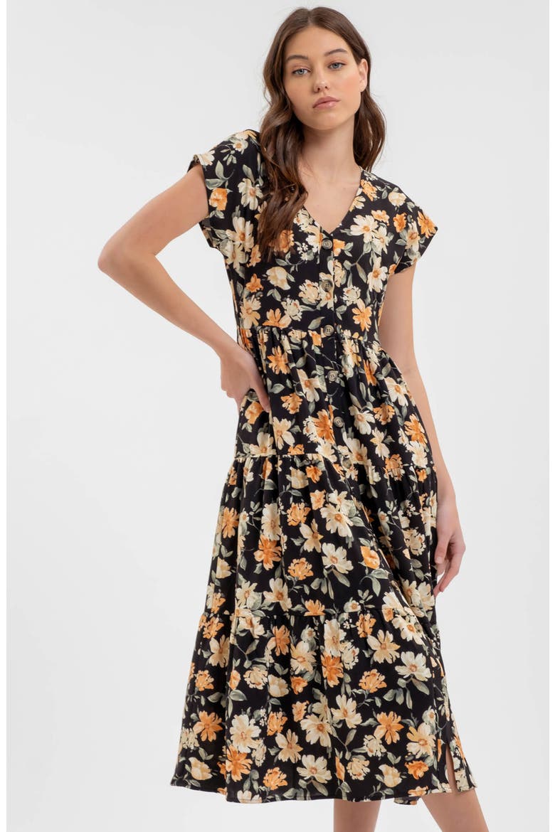 Floral Button-Up Midi Dress, Alternate, color, BLACK MULTI