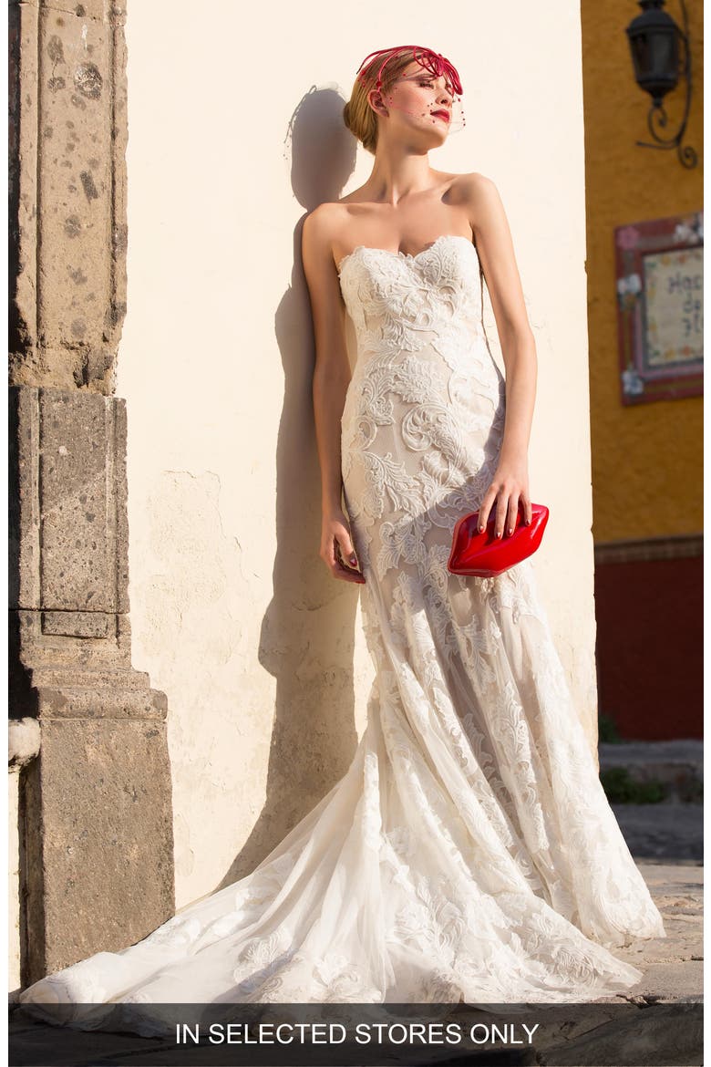 Tris Embroidered Strapless English Net Trumpet Gown, Main, color, IVORY/ NUDE
