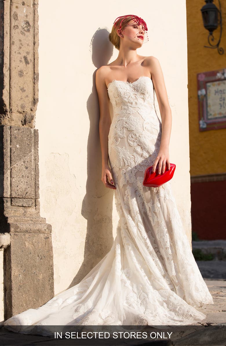 Watters Tris Embroidered Strapless English Net Trumpet Gown, Main, color,