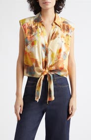 Cinq à Sept Watercolor Floral Crystal Embellished Tie Front Top