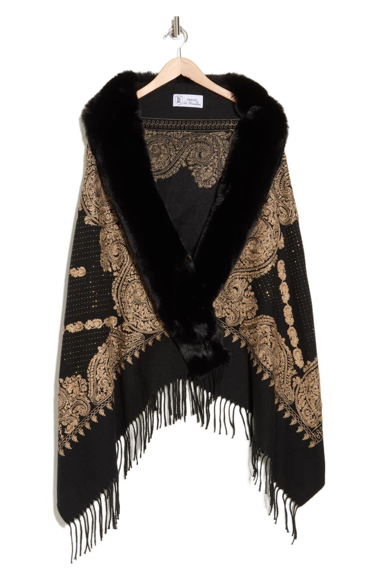 La Fiorentina Embellished Faux Fur Wrap Ruana, Alternate, color, Black