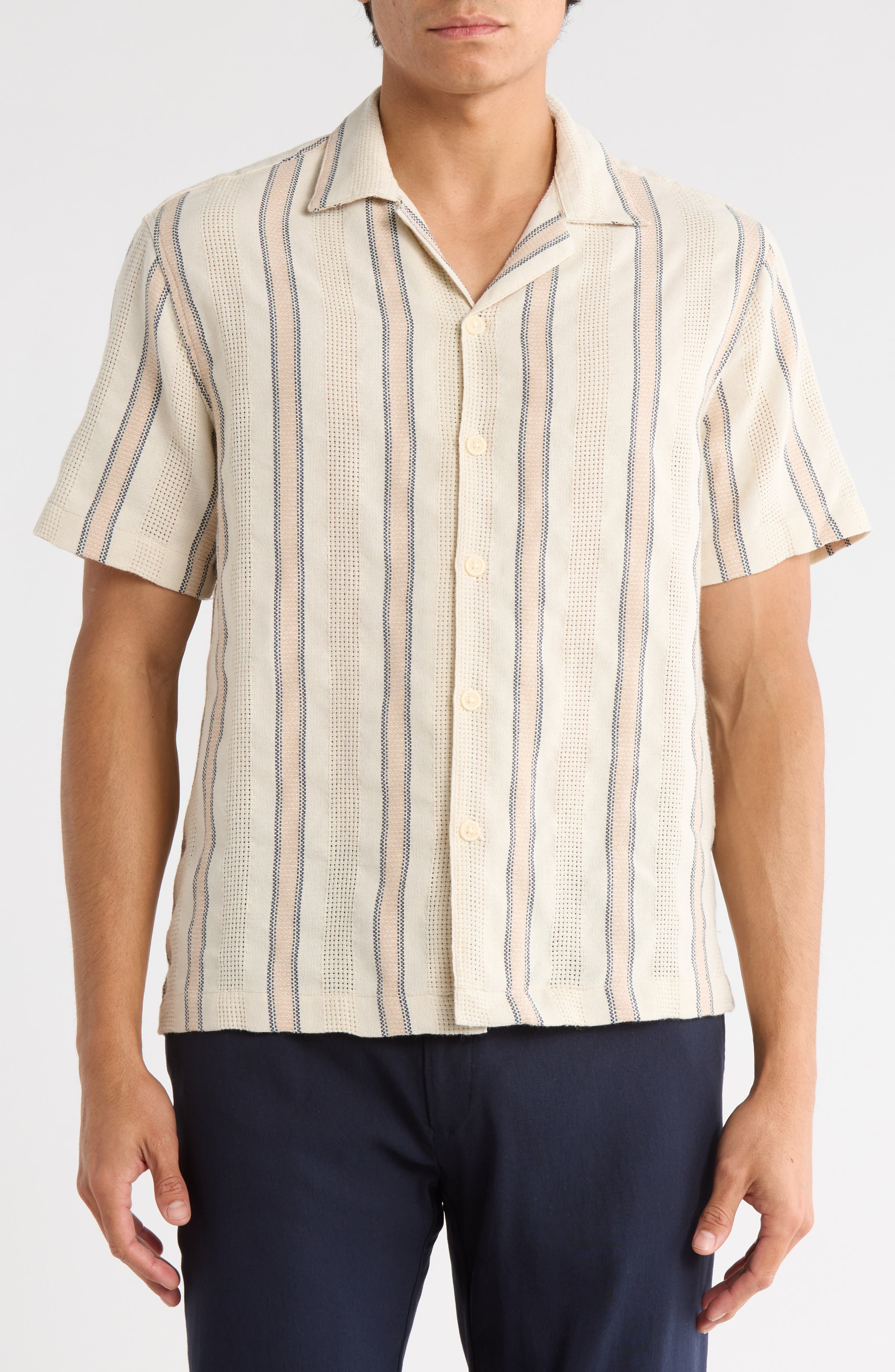 DENIM AND FLOWER Relaxed Fit Stripe Cotton Blend Camp Shirt