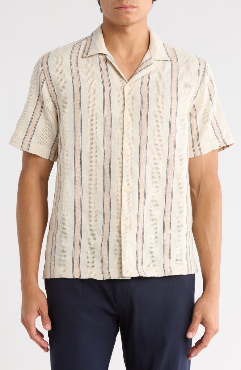 DENIM AND FLOWER Relaxed Fit Stripe Cotton Blend Camp Shirt, Main, color, Cream