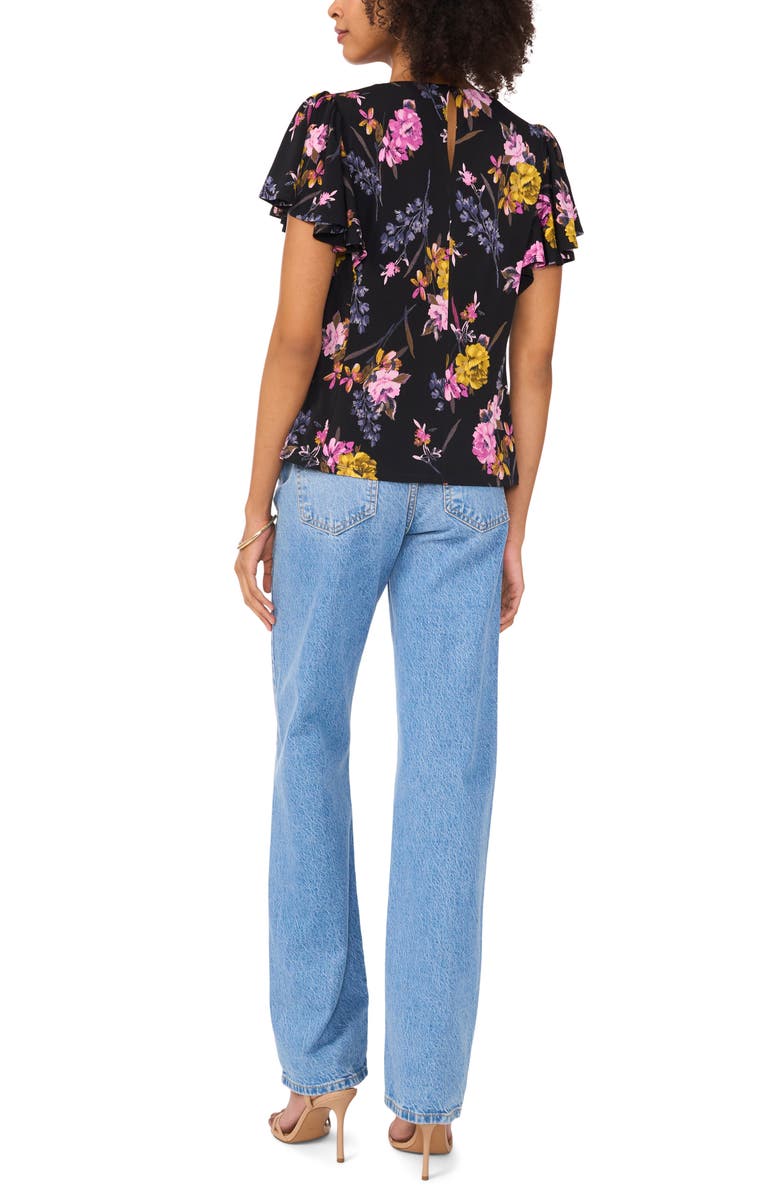 Vince Camuto Floral Smocked Waist Jersey Top, Alternate, color, Rich Black