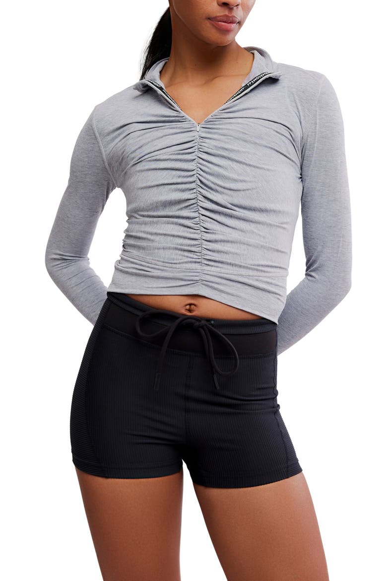Tempo Ruched Half Zip Crop Pullover, Main, color, HEATHER GREY
