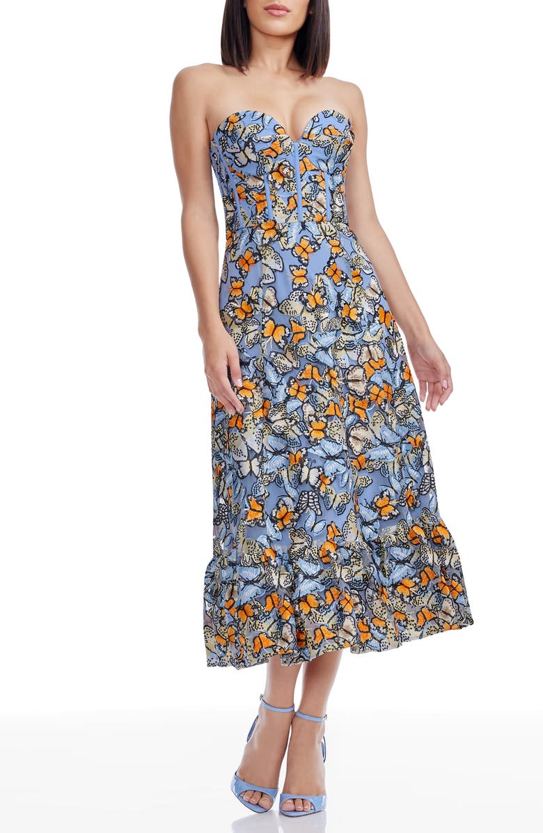 Dress the Population Carina Butterfly Appliqué Strapless Cocktail Midi Dress, Main, color, Sky Blue Multi