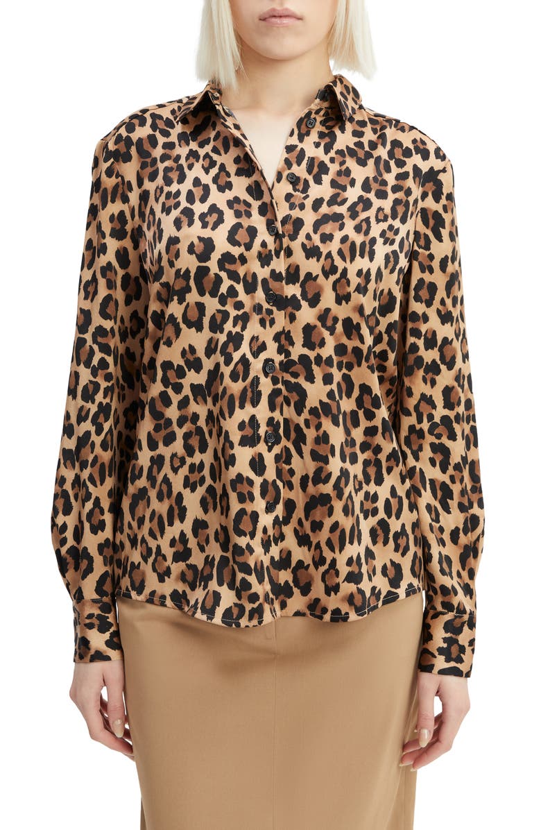 Bardot Classic Leopard Satin Button-Up Shirt, Main, color, Leopard