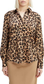 Bardot Classic Leopard Satin Button-Up Shirt