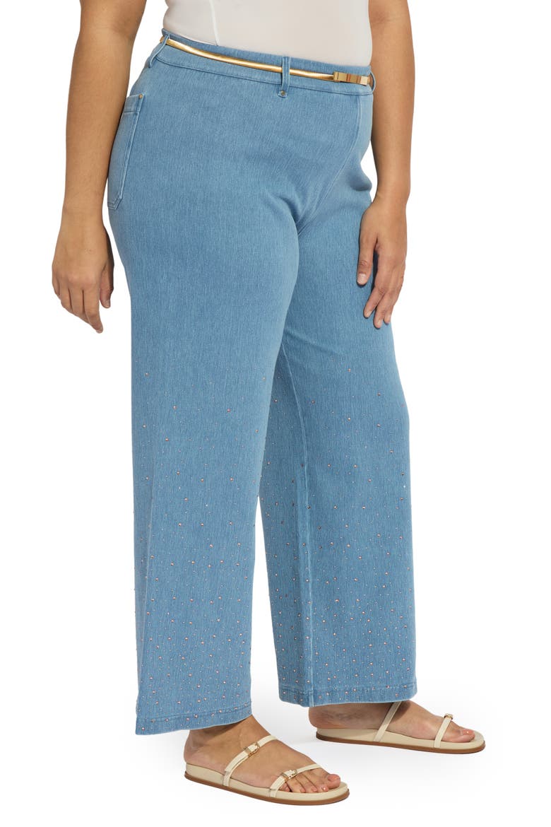 Erin Belted Crystal Embellished Pull-On Wide Leg Jeans, Alternate, color, BLEACHED BLUE