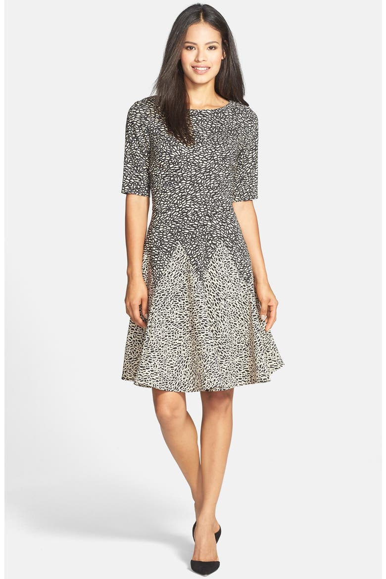 Print Ponte Fit & Flare Dress, Alternate, color, TAN/ BLACK