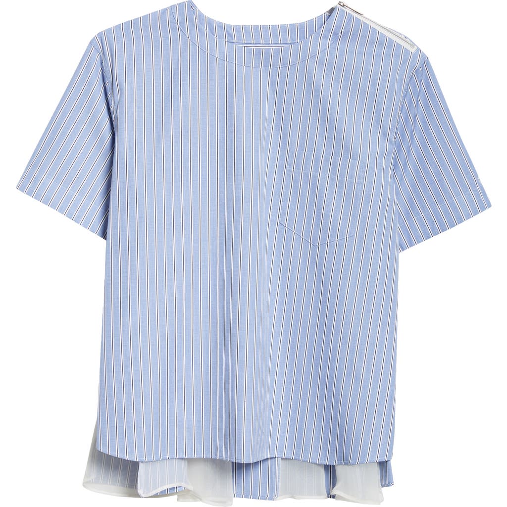 Sacai Mixed Media Poplin & Chiffon Top In Blue Stripe 458