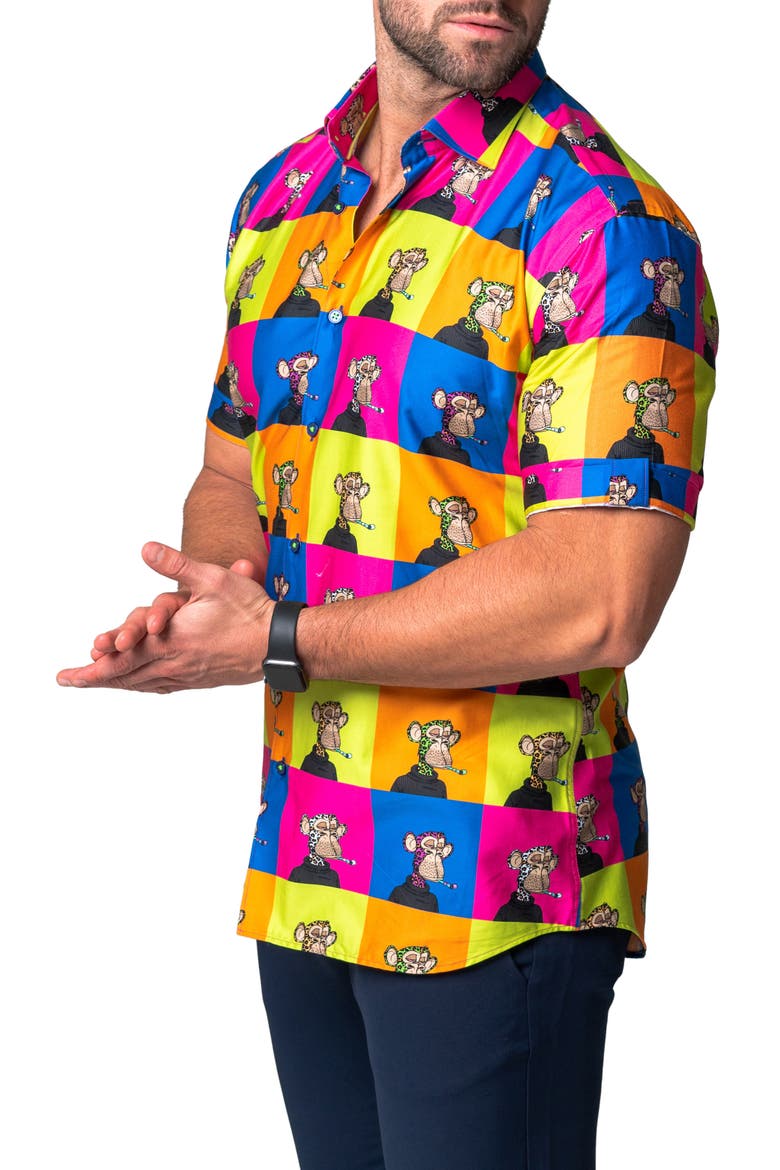 Galileo Ape Print Short Sleeve Cotton Button-Up Shirt, Alternate, color, YELLOW MULTI