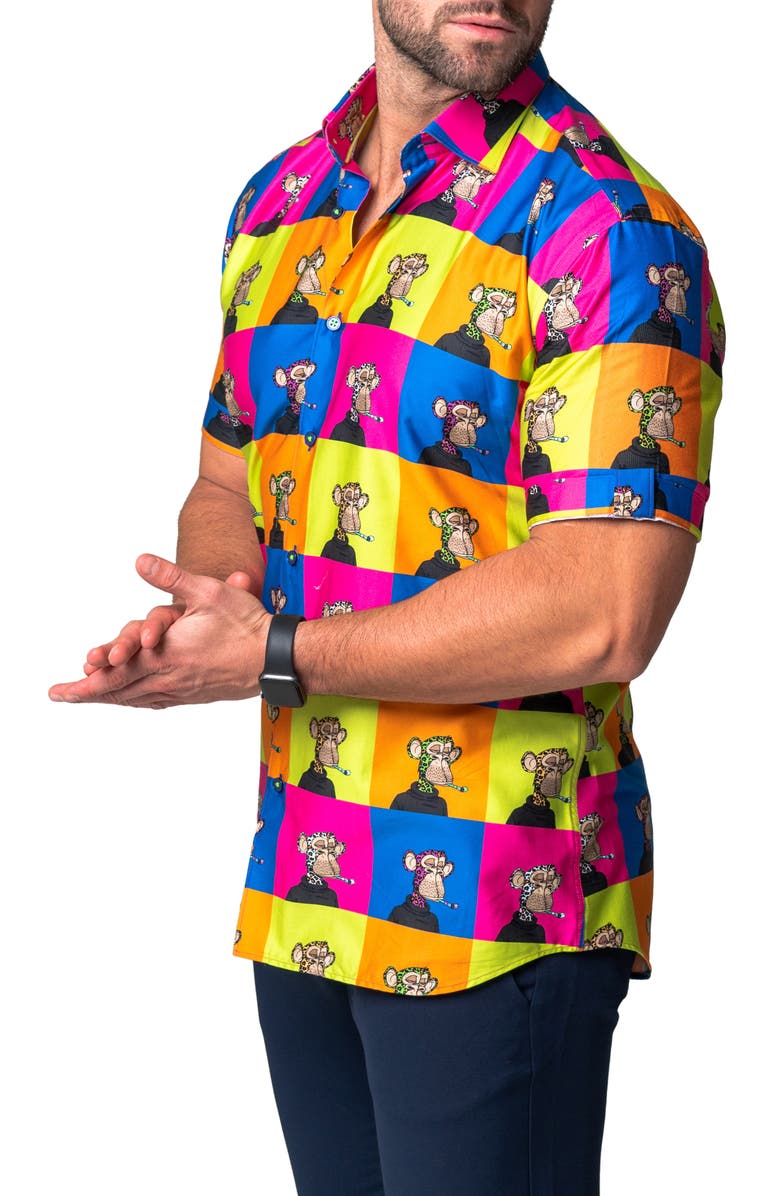 Maceoo Galileo Ape Print Short Sleeve Cotton Button-Up Shirt, Alternate, color, Yellow Multi
