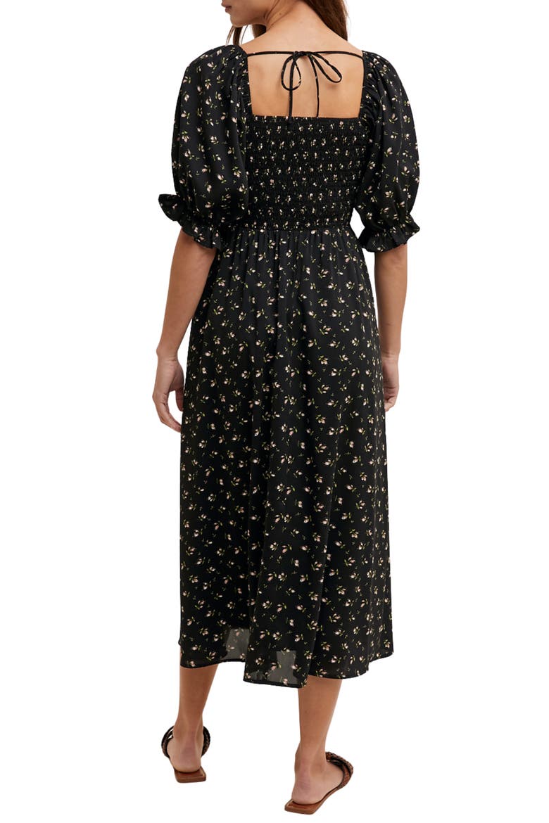 Floral Print Puff Sleeve Midi Dress, Alternate, color, BLACK/ MAUVE