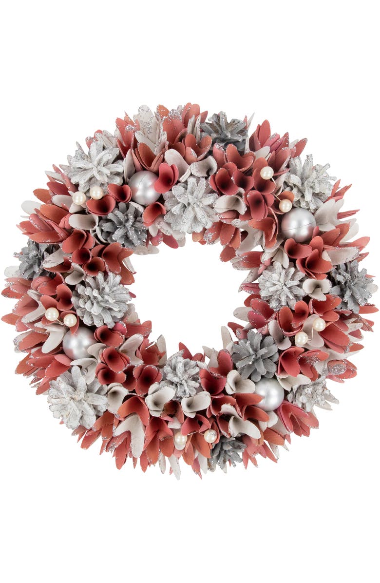 Northlight 13" Pink and White Wooden Floral Christmas Wreath with Pinecones, Main, color, Pink