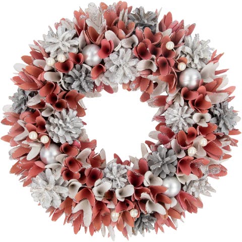 13" Pink and White Wooden Floral Christmas Wreath with Pinecones