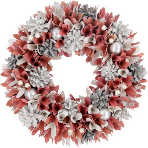 Northlight 13" Pink And White Wooden Floral Christmas Wreath With Pinecones In Pink