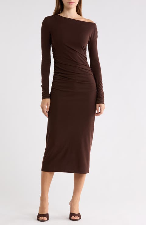 Ruched Gathered Bateau Neck Midi Dress