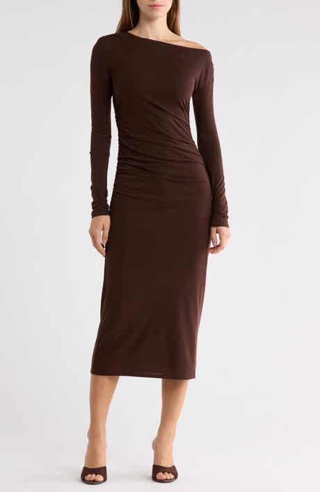 Ruched Gathered Bateau Neck Midi Dress