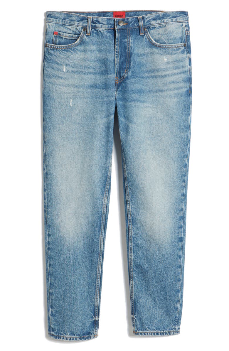 HUGO Distressed Tapered Leg Jeans, Alternate, color, Medium Blue