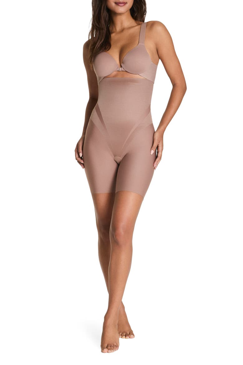 High Waist Mid Thigh Shorts, Alternate, color, CAFE AU LAIT