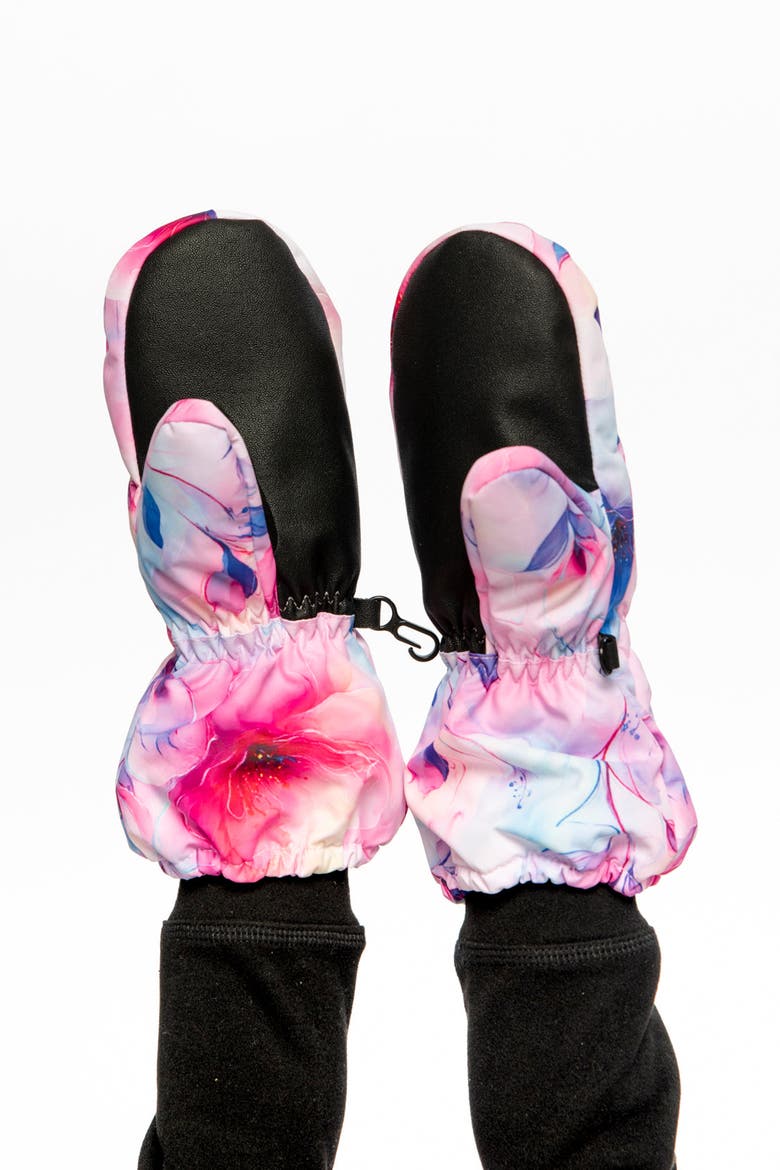 Flower Play Waterproof Rubberized Palm Winter Mittens, Alternate, color, Mauve Printed Flowers