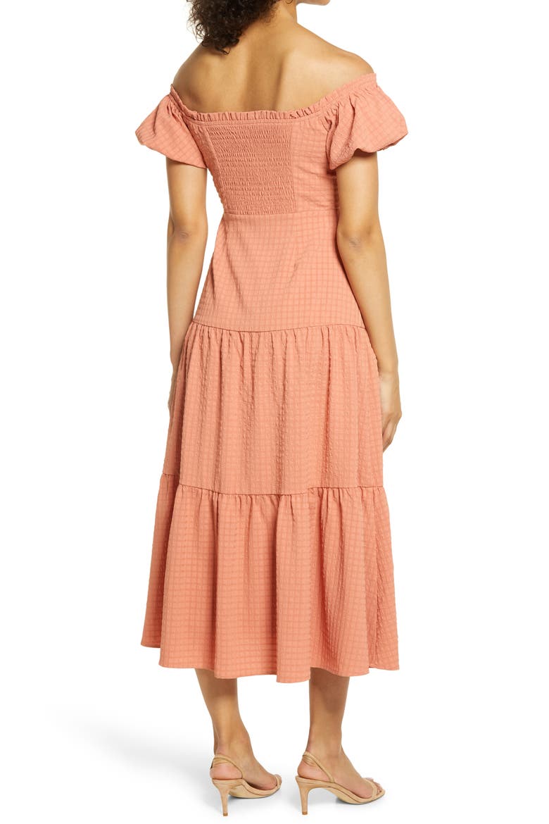 Off the Shoulder Tiered Midi Dress, Alternate, color, DUSTY CORAL