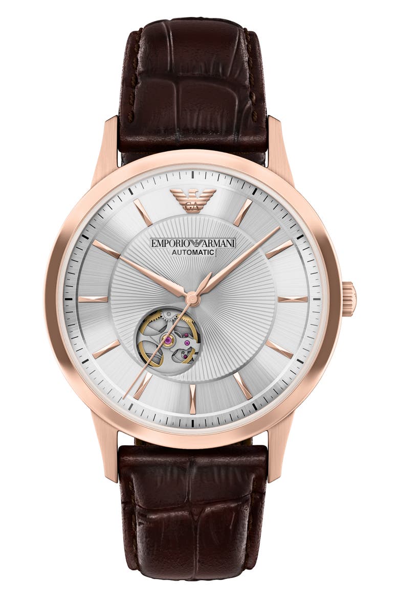 Archetipo Automatic Leather Strap Watch, Main, color, SILVER/ ROSE GOLD/ BROWN