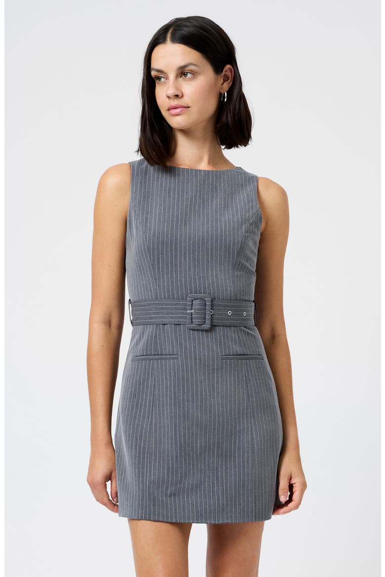 Minka Pinstripe Belted Minidress, Alternate, color, STEEL HAZE-WHITE