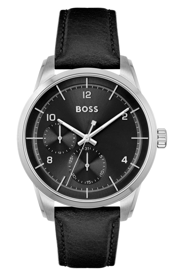 Sophio Multifunction Leather Strap Watch, 42mm, Main, color, BLACK DIAL