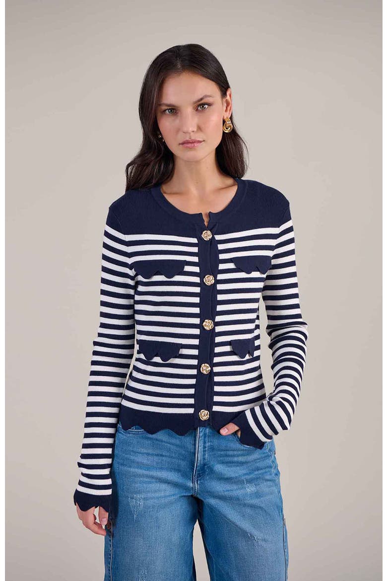 Women's  Cardigan Blue And White Striped Cardigan With Gold Flower Buttons, Alternate, color, Dark Navy