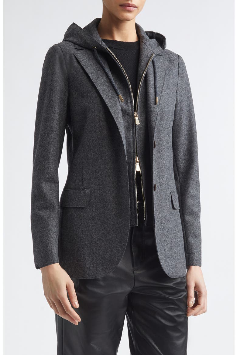 Wool Blend Flannel Blazer with Removable Hooded Bib, Main, color, CARBON