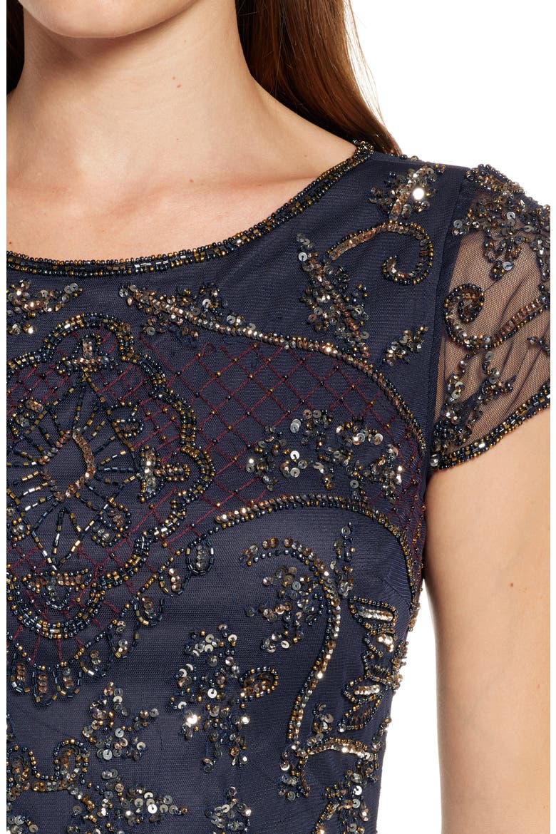 Beaded Mesh Midi Cocktail Dress, Alternate, color, NEW SLATE