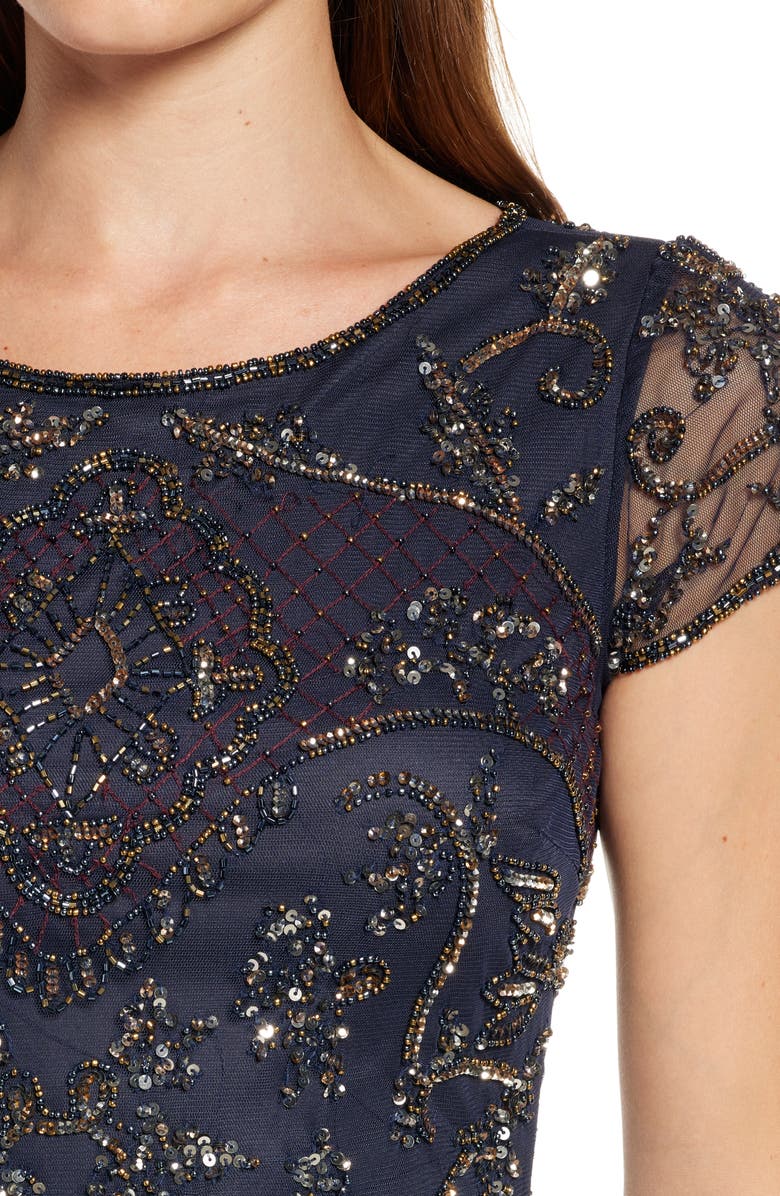 Pisarro Nights Beaded Mesh Midi Cocktail Dress, Alternate, color, New Slate