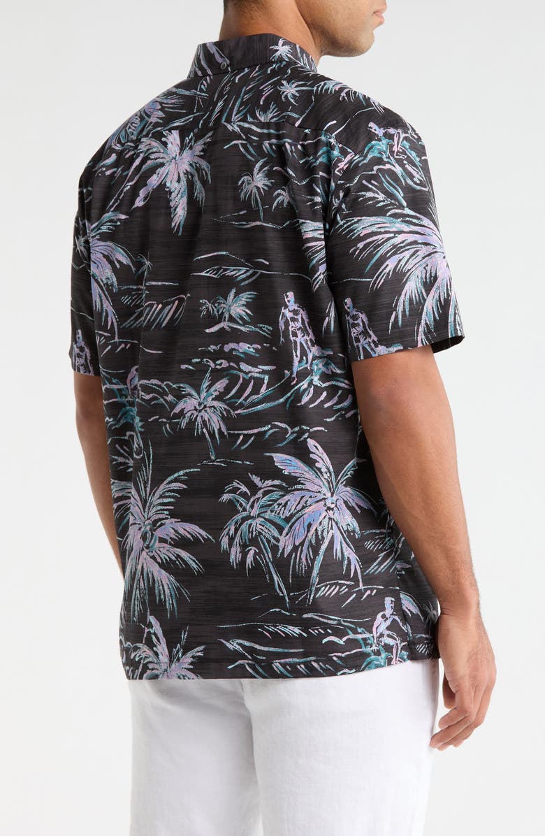 Kahala He'e Nalu Print Short Sleeve Cotton Button-Down Shirt, Alternate, color, Black