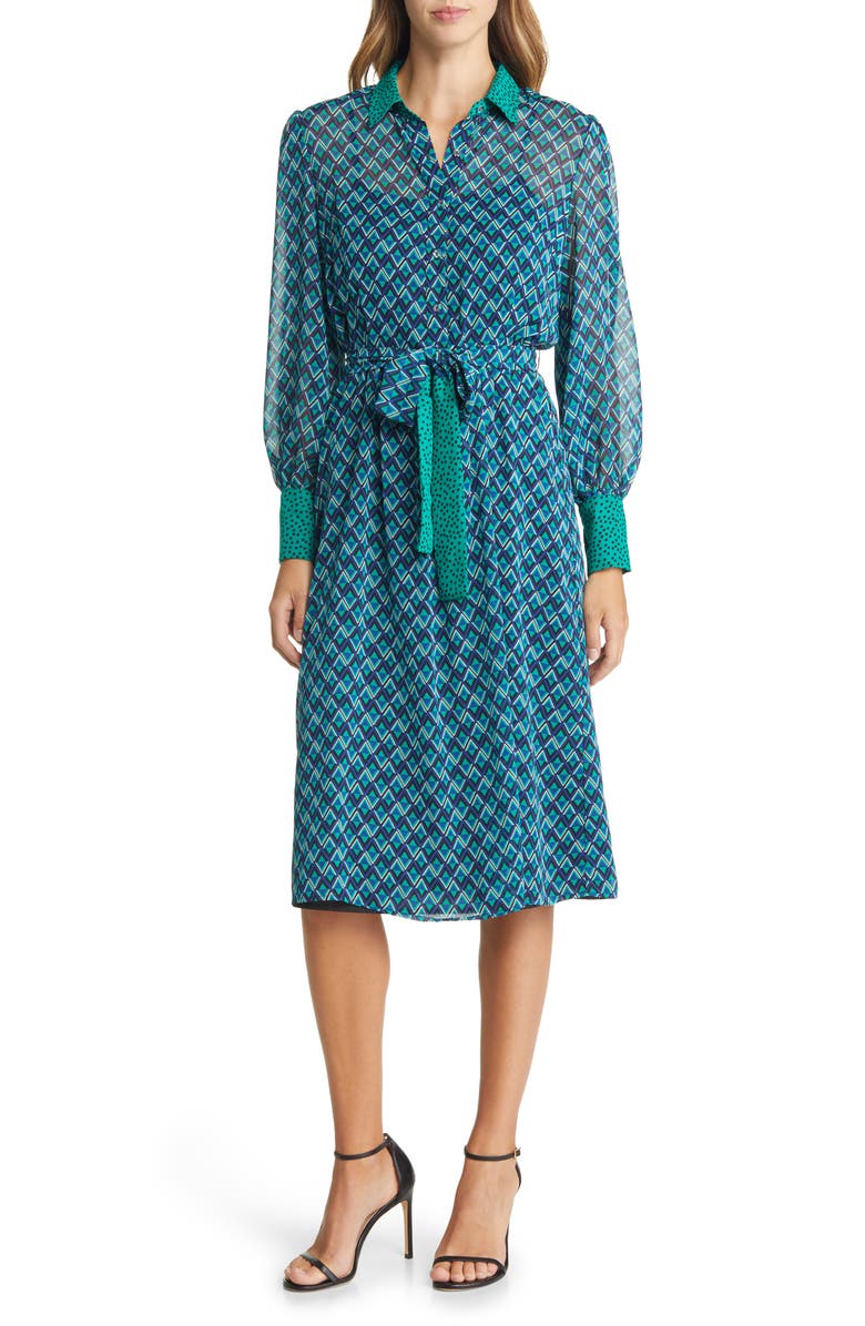 Tahari ASL Twin Print Long Sleeve Midi Shirtdress, Main, color,