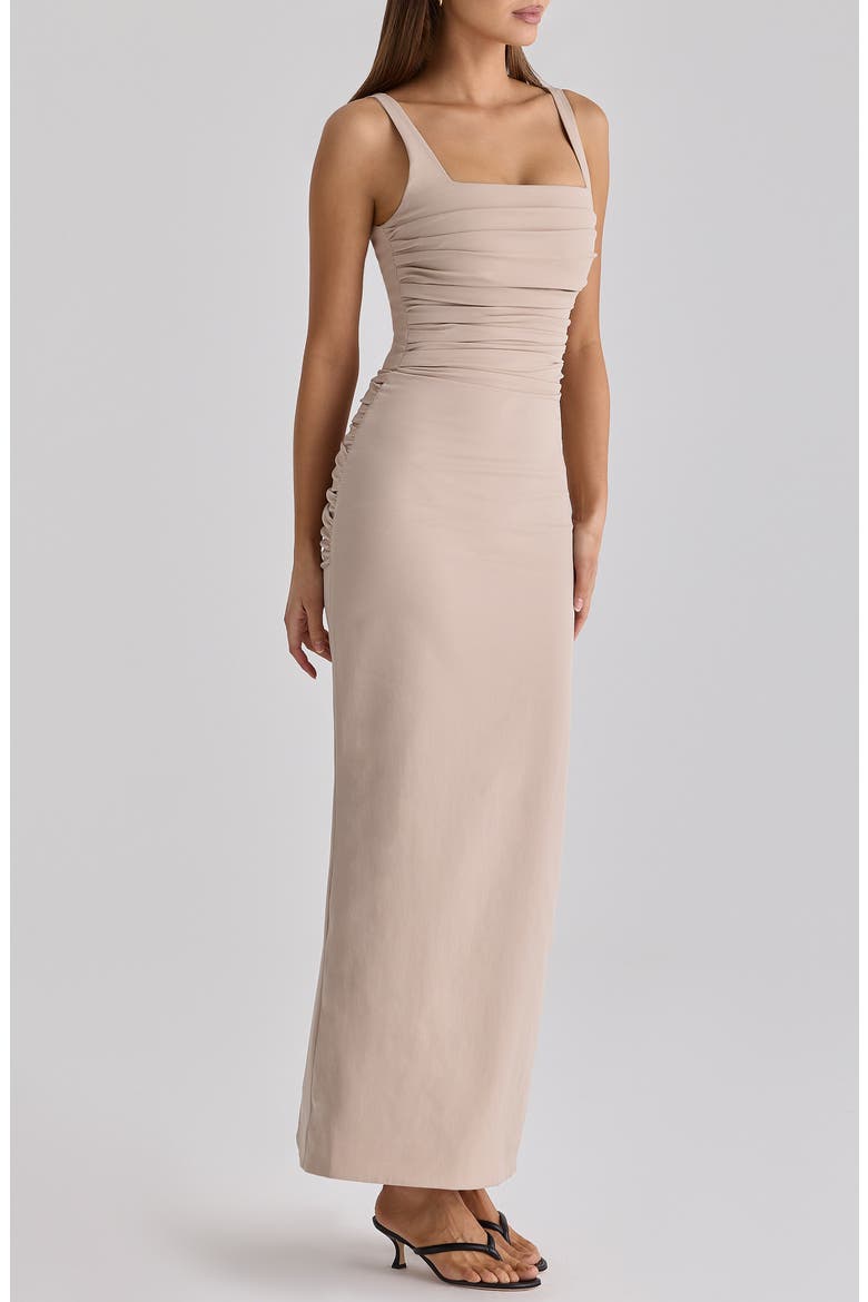 Calandra Stretch Crepe Ruched Maxi Dress, Alternate, color, TAUPE