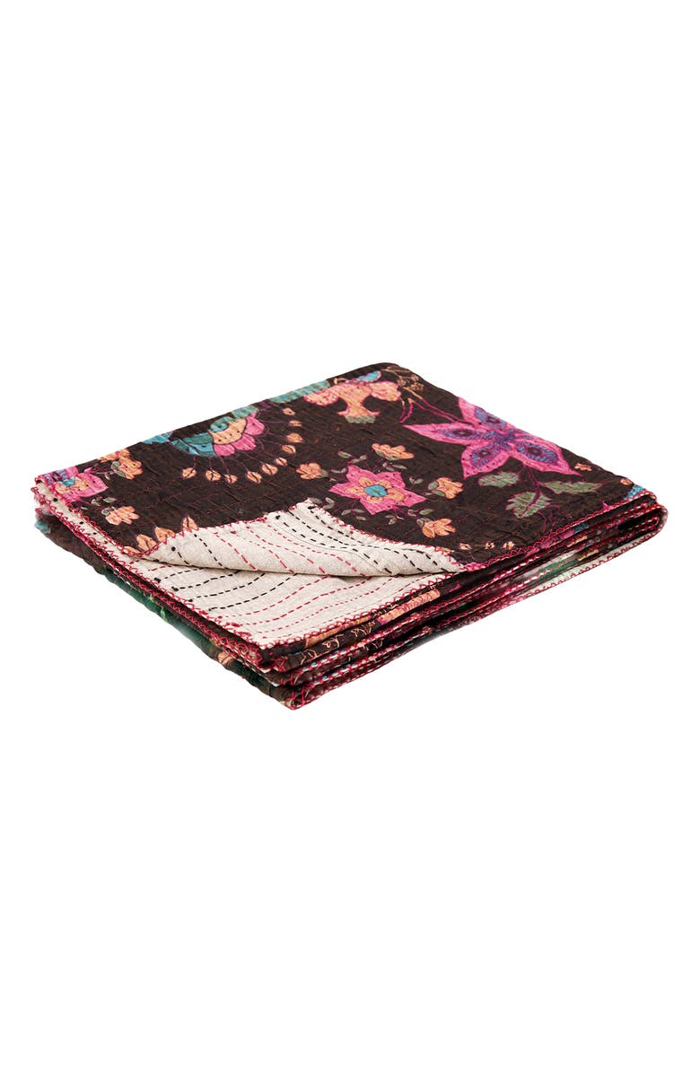 TAJ HOTEL Vintage Cotton Kantha Throw Blanket, Alternate, color, Black Pink