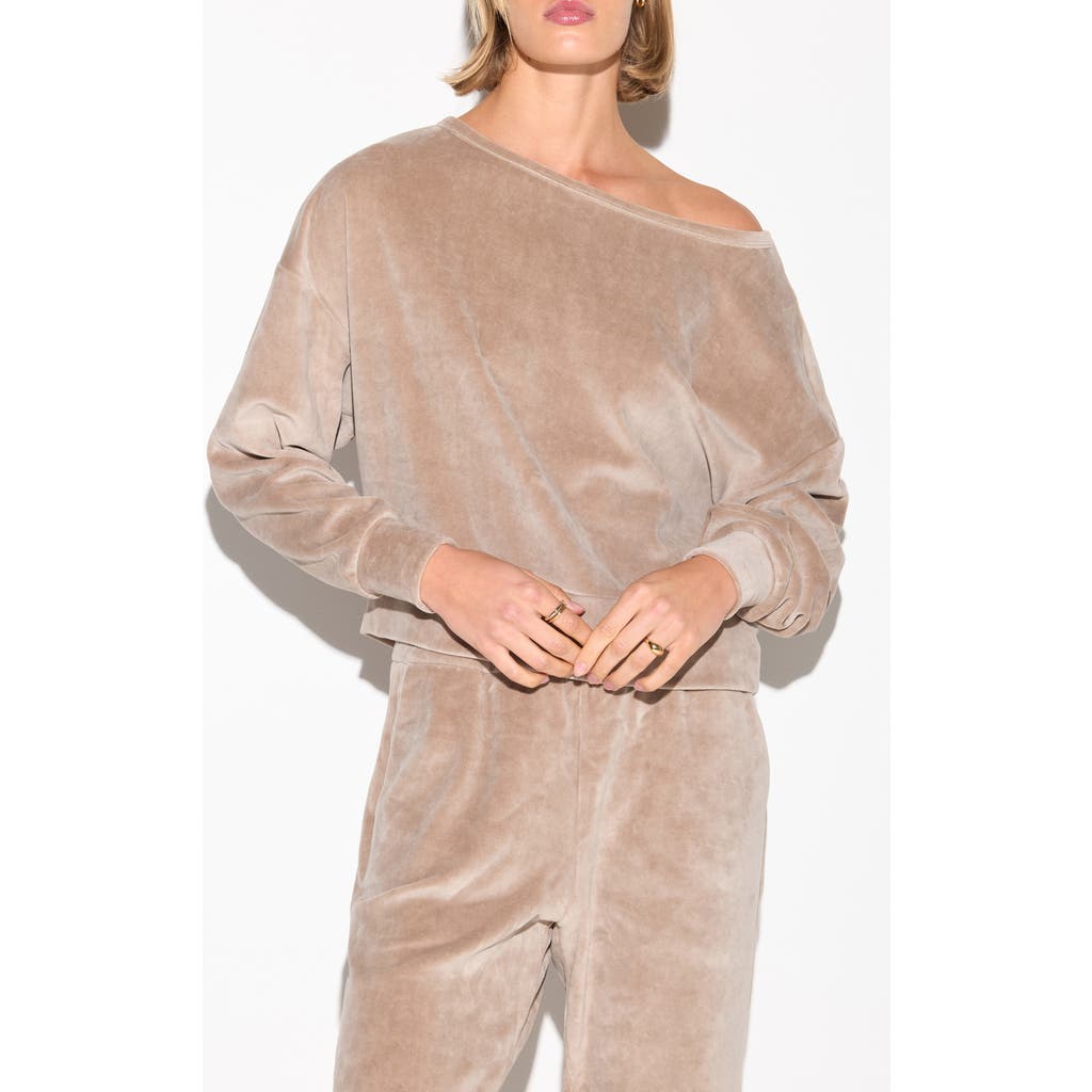 Spiritual Gangster Ava Off The Shoulder Velour Sweatshirt In Neutral