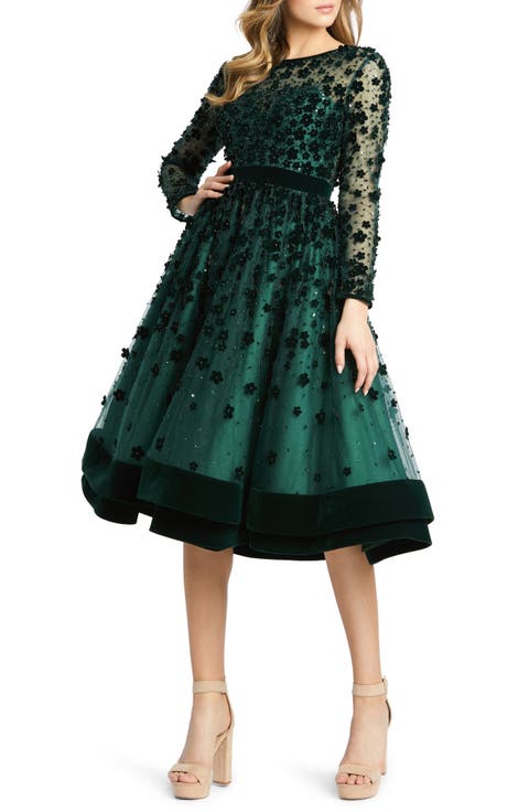Embellished Illusion High Neck Long Sleeve Fit & Flare