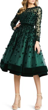 Mac Duggal Embellished Illusion High Neck Long Sleeve Fit & Flare