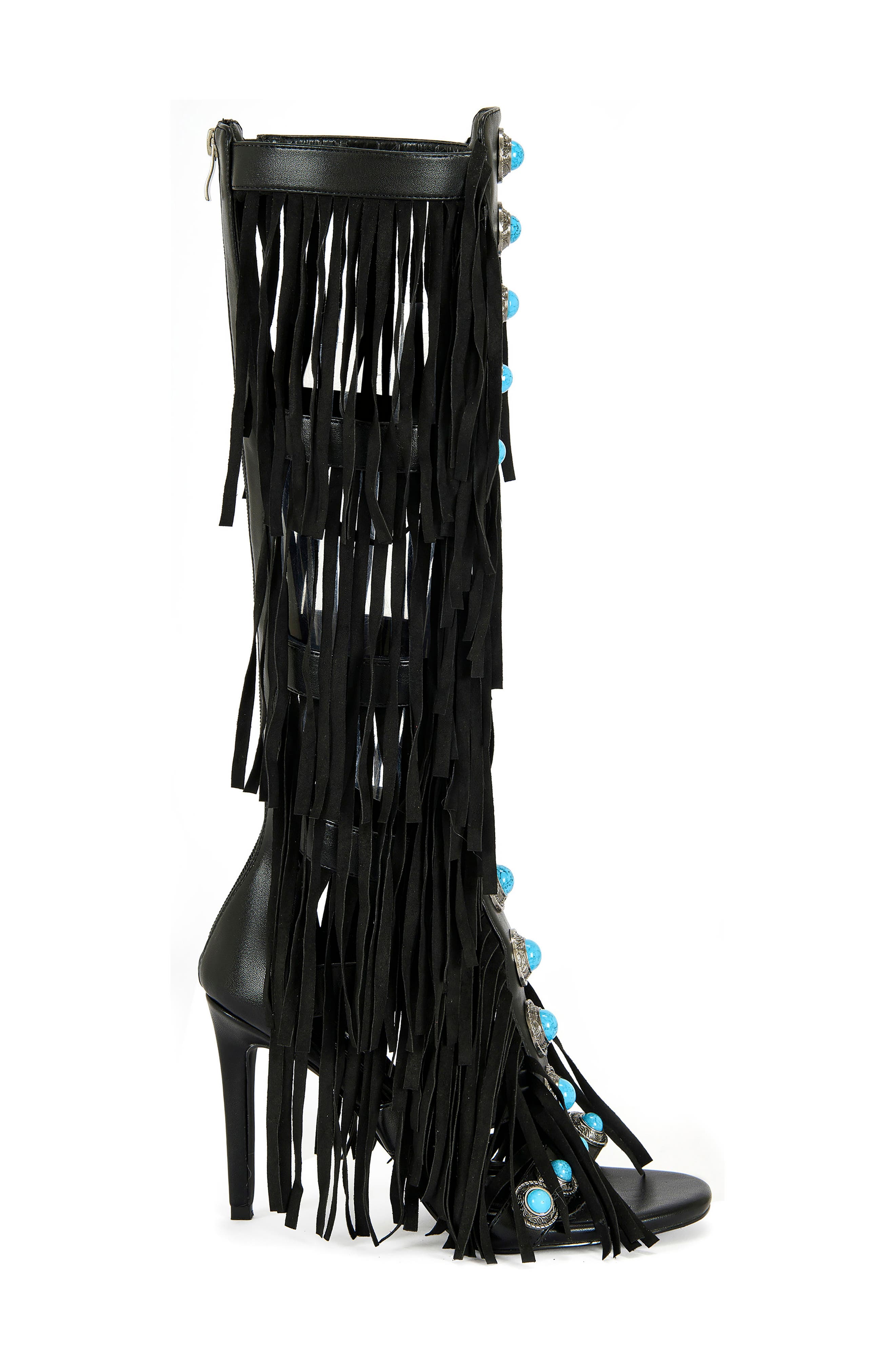AZALEA WANG Amadeo Knee High Fringe Sandal, Alternate, color, Black