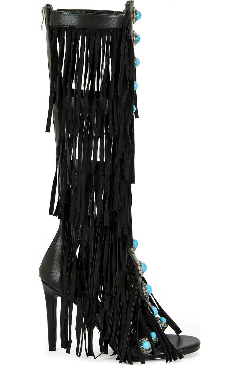 AZALEA WANG Amadeo Knee High Fringe Sandal, Alternate, color, Black
