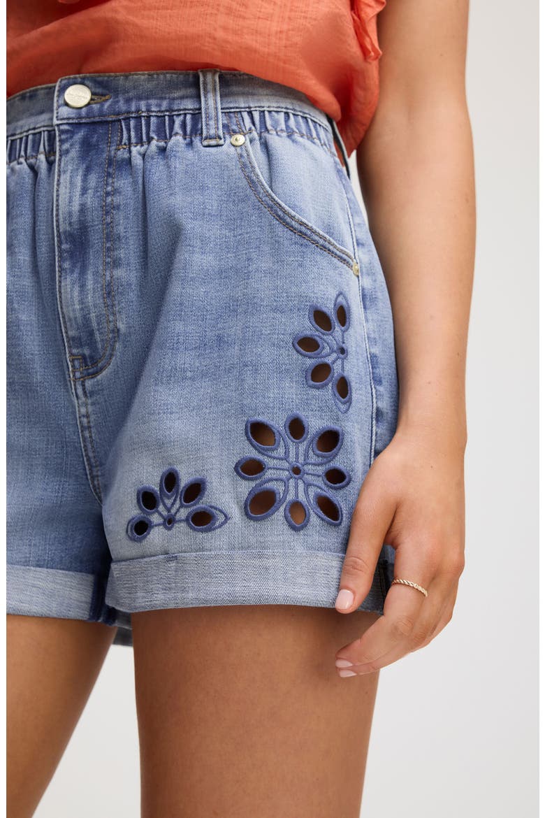 Embroidered Eyelet Paperbag Waist Denim Shorts, Alternate, color, POPPY INDIGO WASH