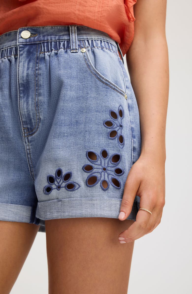 Sam Edelman Embroidered Eyelet Paperbag Waist Denim Shorts, Alternate, color, Poppy Indigo Wash