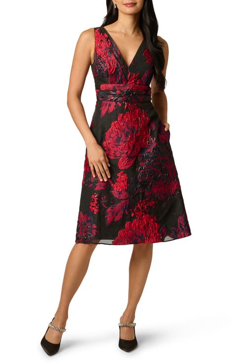 Floral Metallic Jacquard Midi Cocktail Dress