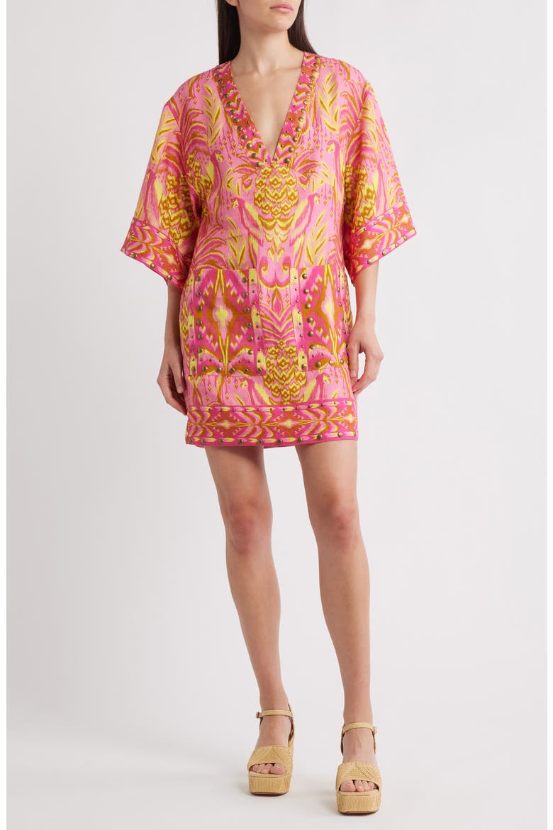 Pineapple Tapestry Studded Linen Shift Dress, Main, color, PINK