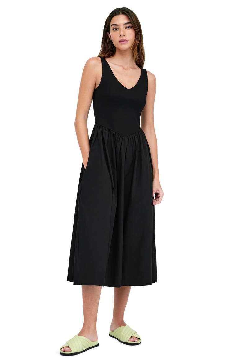 Emmy Mixed Media Midi Dress, Alternate, color, BLACK